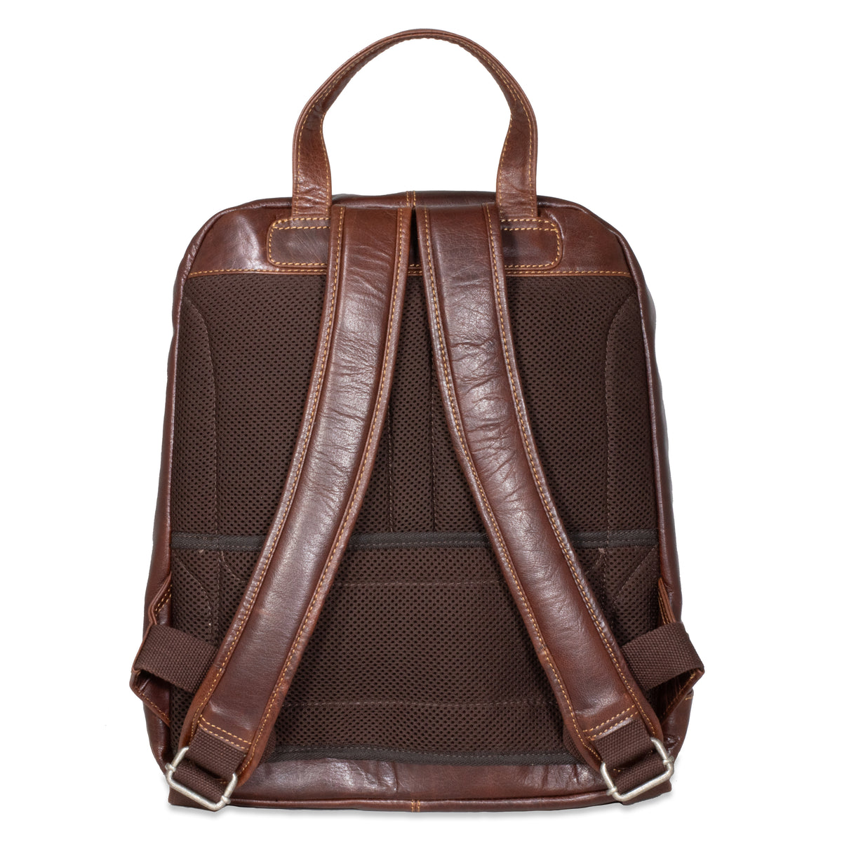 Brown leather backpack with mesh back panel on a white background
