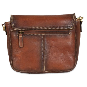 Brown leather handbag with gold zipper and hardware on a white background