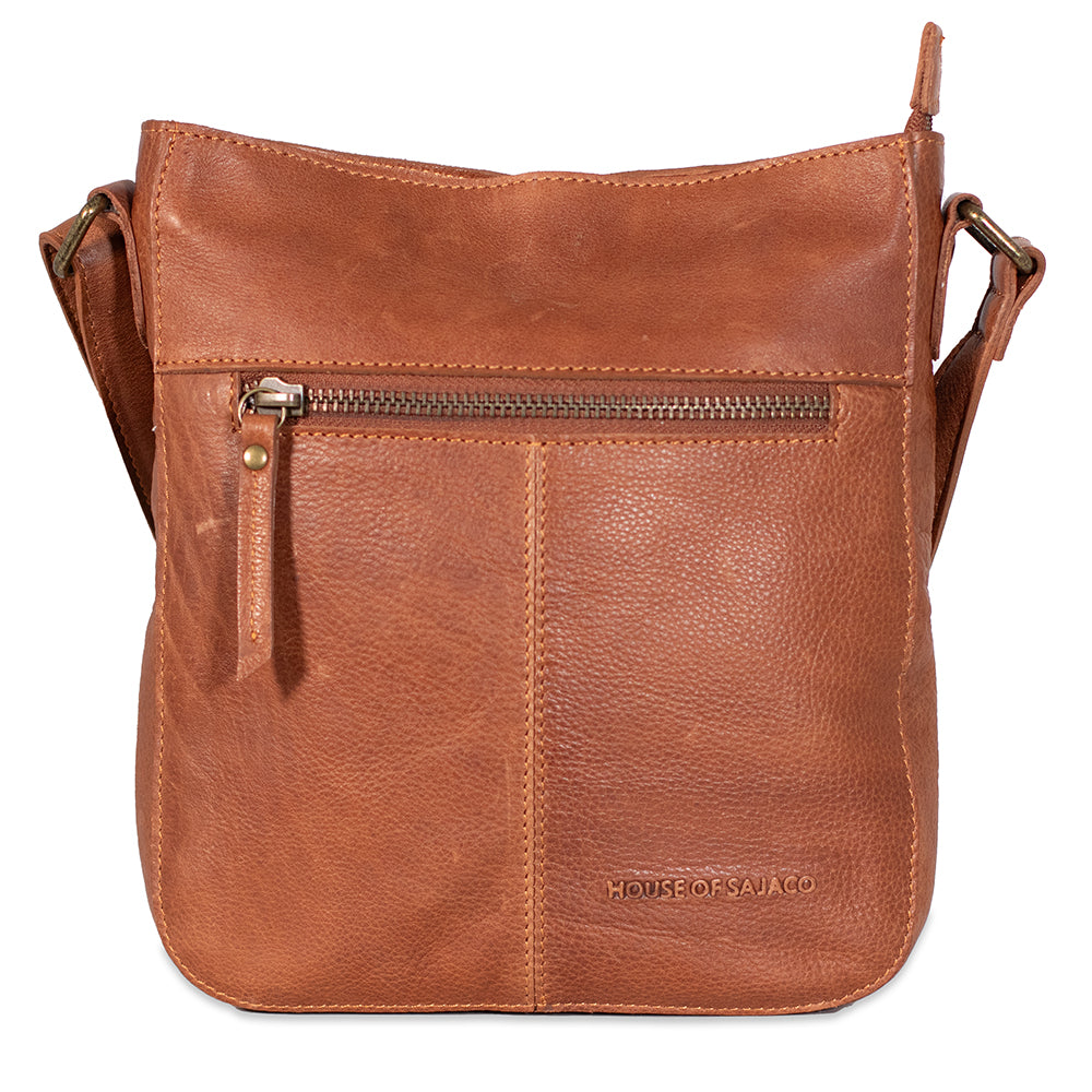 Brown leather shoulder bag with a visible brand logo on a white background