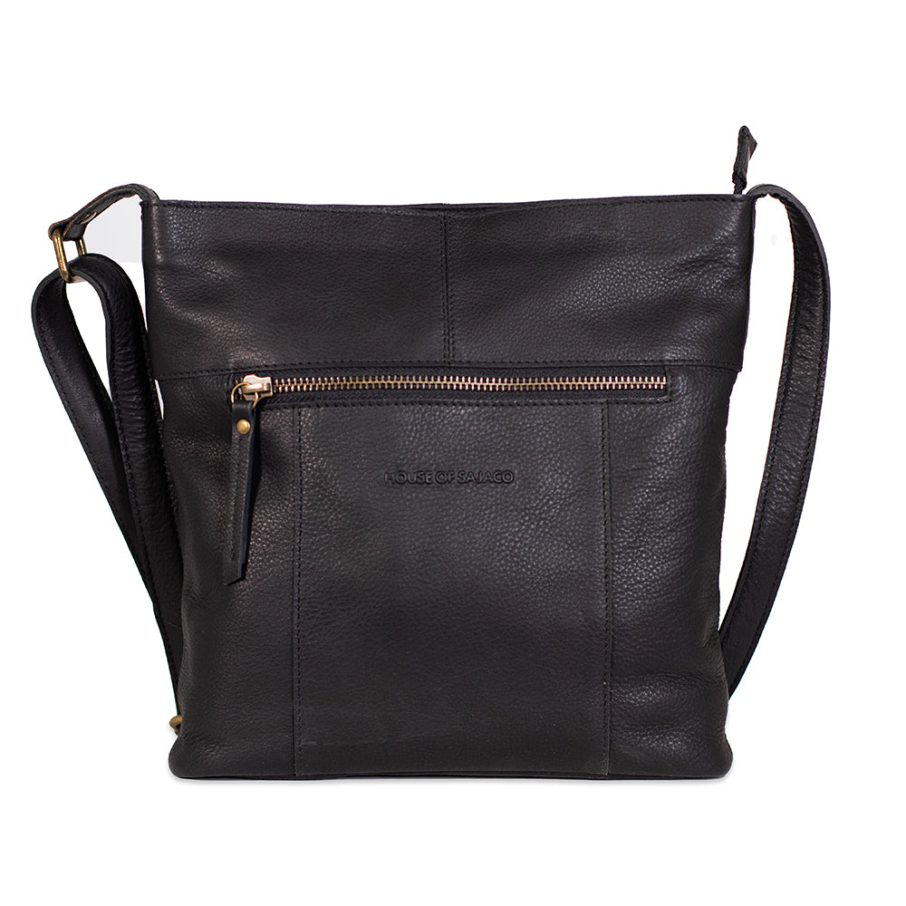 Black leather crossbody bag with a visible brand logo on a white background