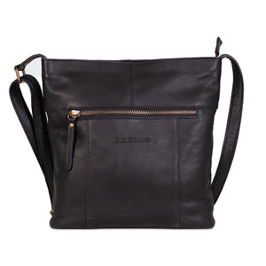 Black leather crossbody bag with a visible brand logo on a white background