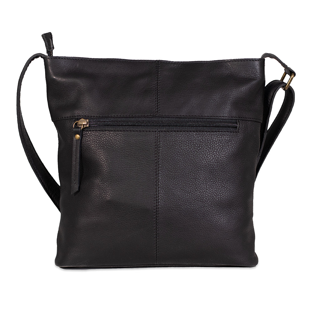 Black leather shoulder bag with gold zipper on a white background