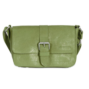Green leather bag with a buckle on a white background