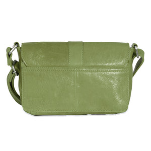Green leather crossbody bag on a white background