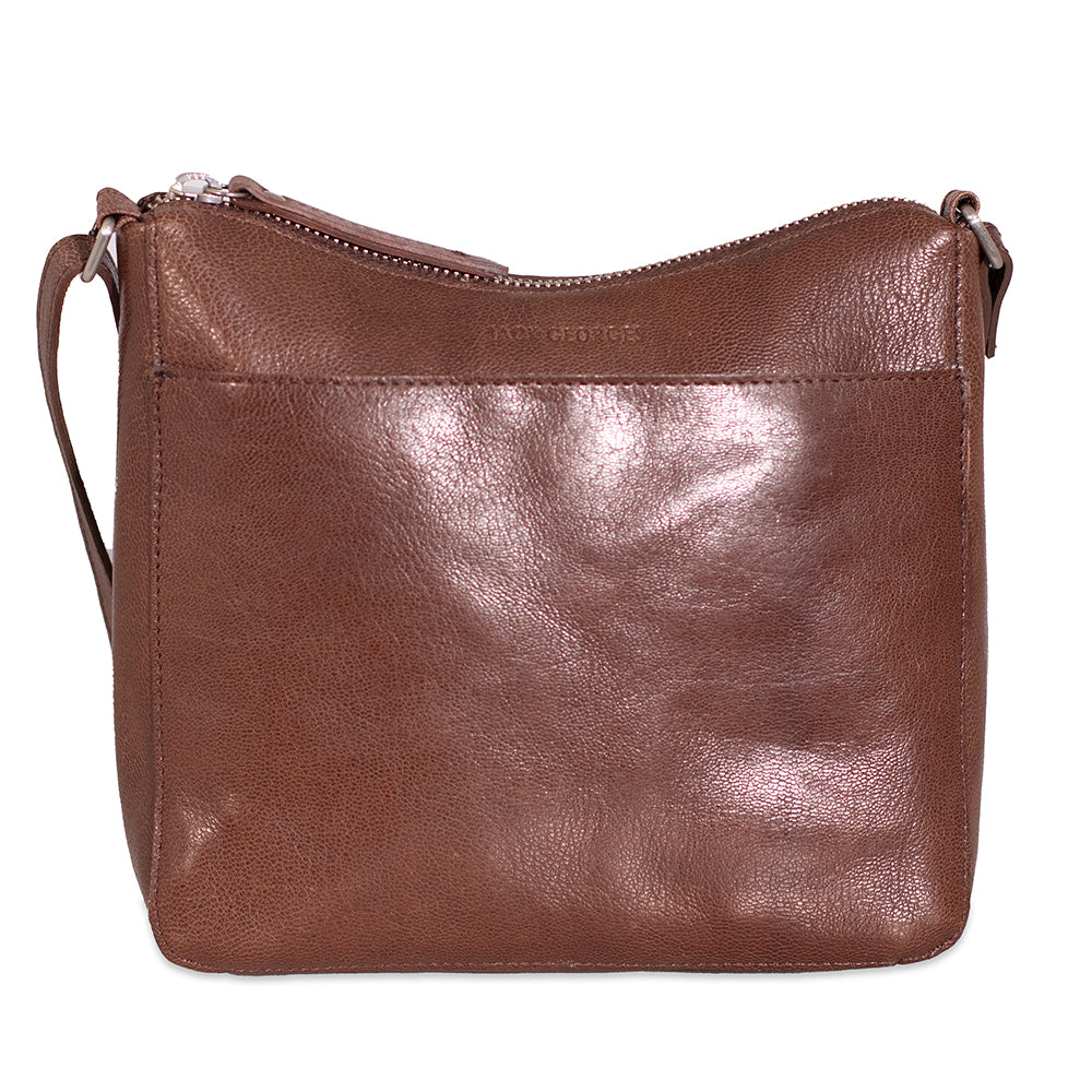 Brown leather handbag on a white background