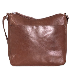 Brown leather handbag on a white background