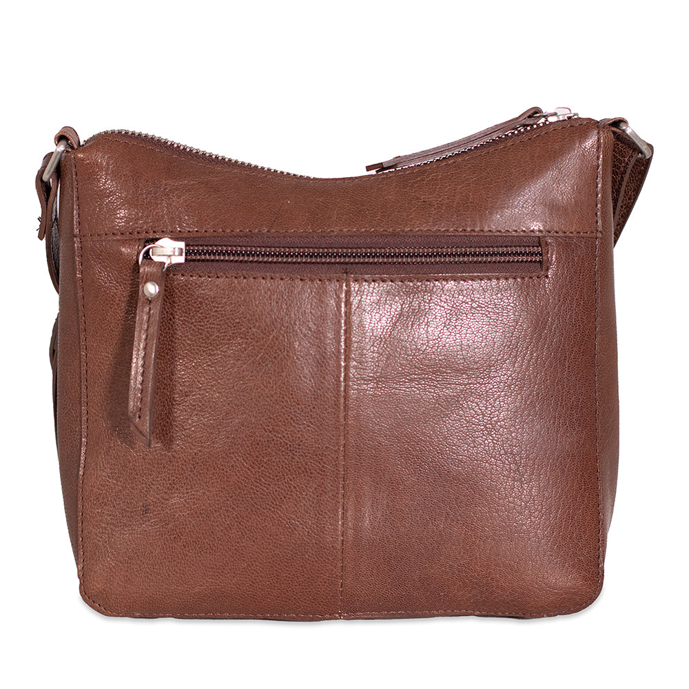Brown leather handbag with a visible zipper on a white background