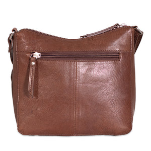Brown leather handbag with a visible zipper on a white background