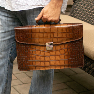 Hand Brushed Croco Slim Briefcase #K401 Tan Lifestyle