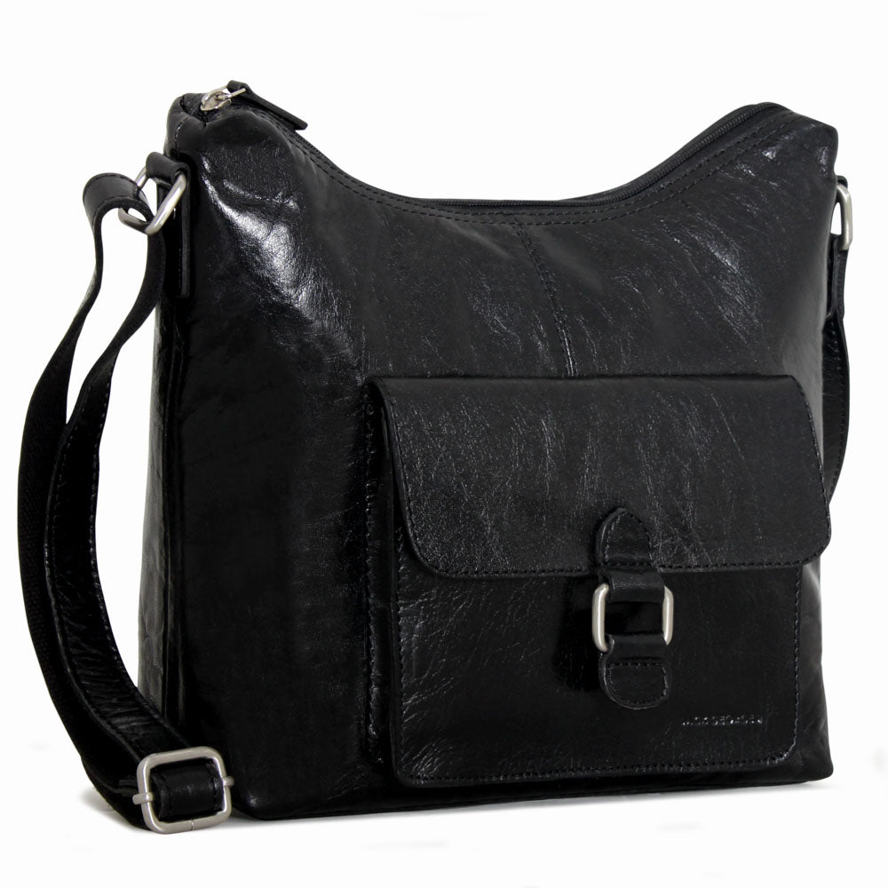 Black leather shoulder bag with a buckle on a white background