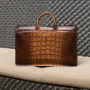 Hand Brushed Croco Double Gusset Top Zip Briefcase #K202 Tan Beauty