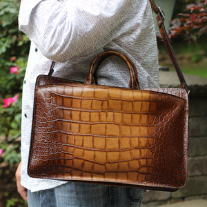 Hand Brushed Croco Double Gusset Top Zip Briefcase #K202 Tan Lifestyle
