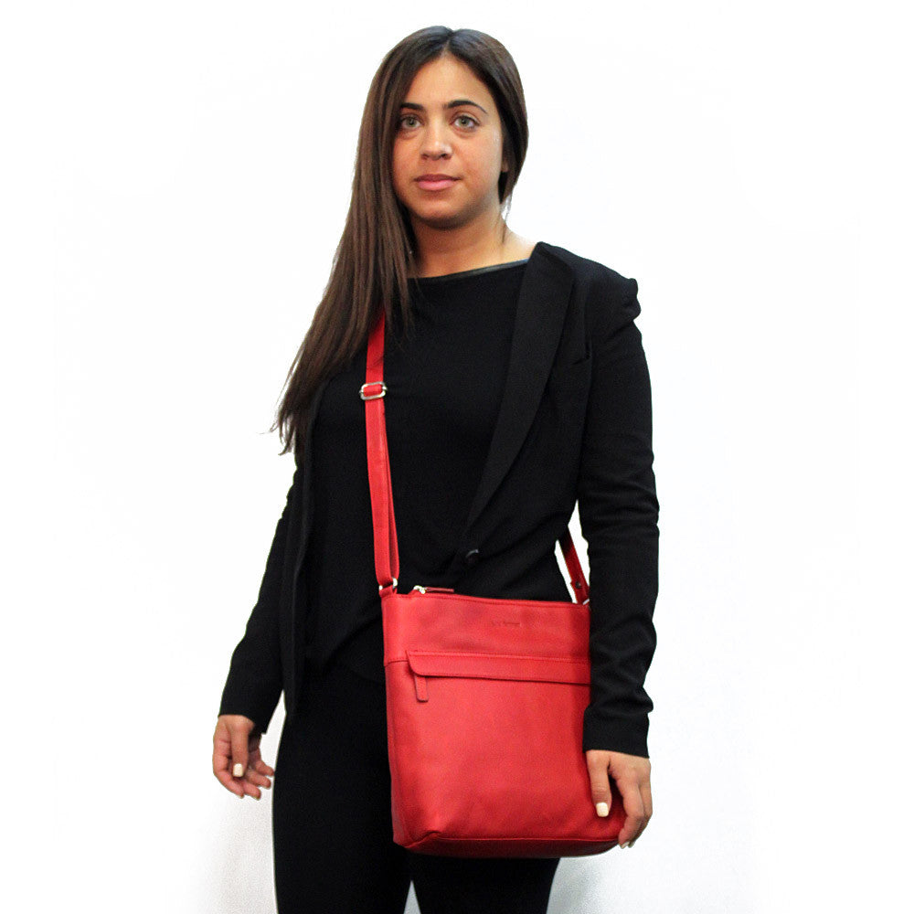 Jack Georges SOHO Zippered Crossbody Bag #1832 Red (Lifestyle Female Model - Front Right Side)