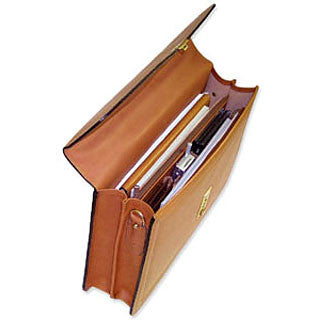 Belting Leather Double Gusset Flapover Combination Lock Briefcase #9003 Tan Top Down Open Front