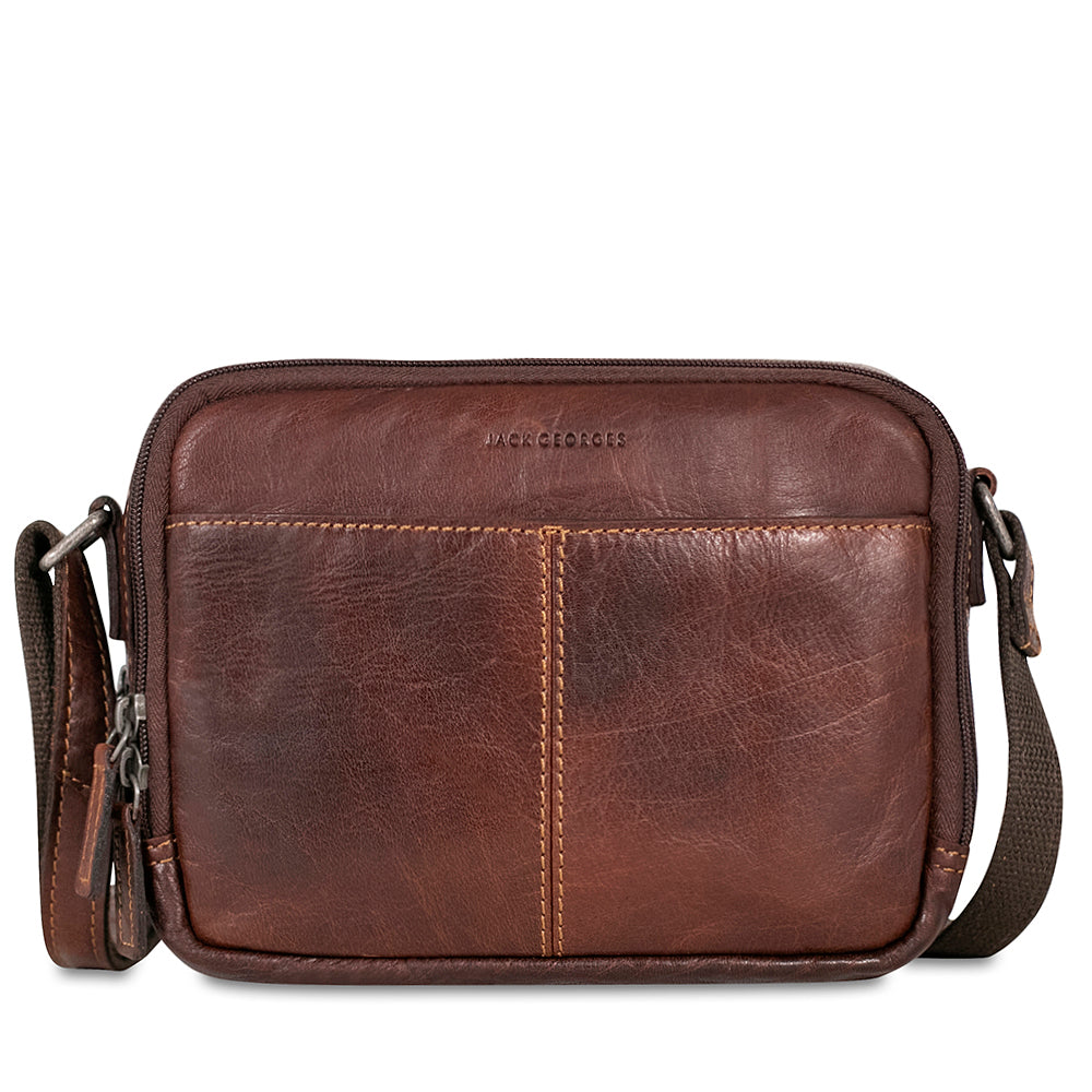 Voyager Double Zippered Crossbody Bag #7195 Brown Front