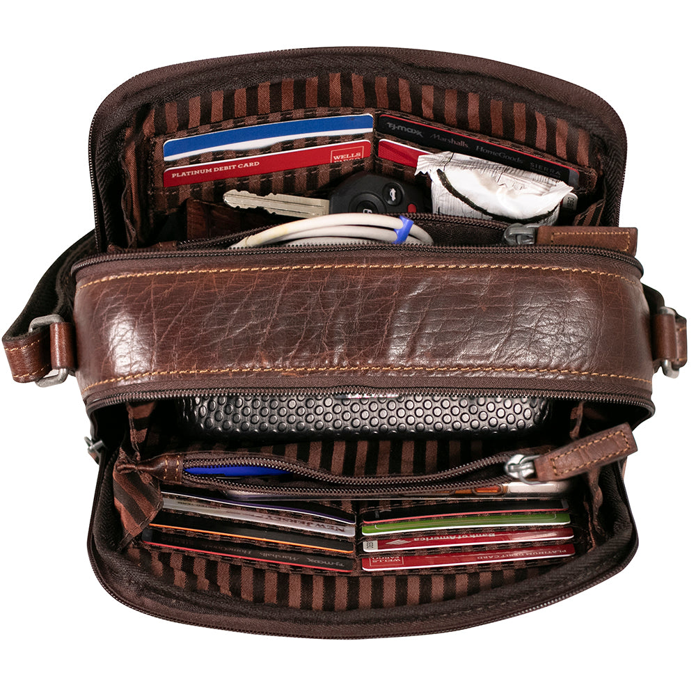 Voyager Double Zippered Crossbody Bag #7195 Brown Interior Full