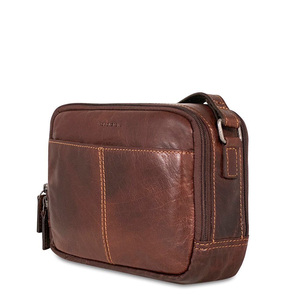 Voyager Double Zippered Crossbody Bag #7195 Brown Left Front