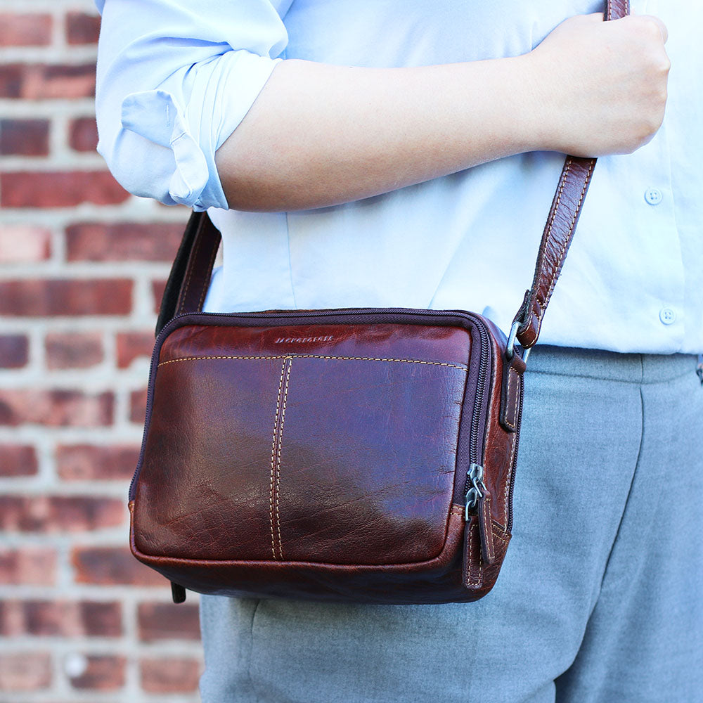 Voyager Double Zippered Crossbody Bag #7195 Brown Lifestyle