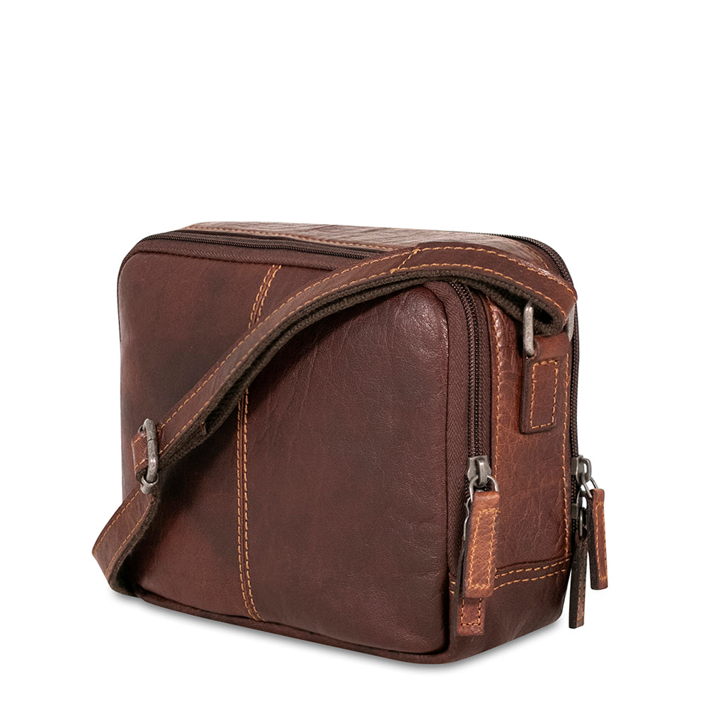 Voyager Double Zippered Crossbody Bag #7195 Brown Right Back