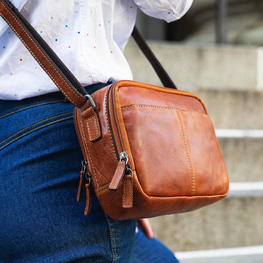 Voyager Double Zippered Crossbody Bag #7195 Honey Lifestyle 3