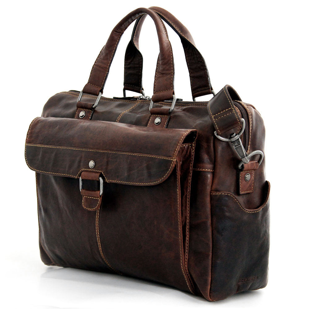 Voyager Zippered Briefcase with Front Flap Pocket #7316 Brown Left Front