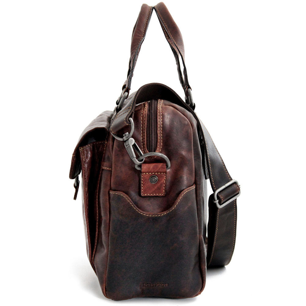 Voyager Zippered Briefcase with Front Flap Pocket #7316 Brown Left Side