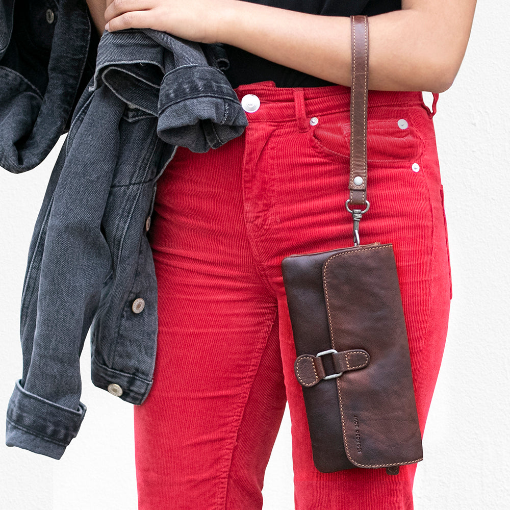 Voyager Wristlet Clutch #7612 Brown Lifestyle Model Red