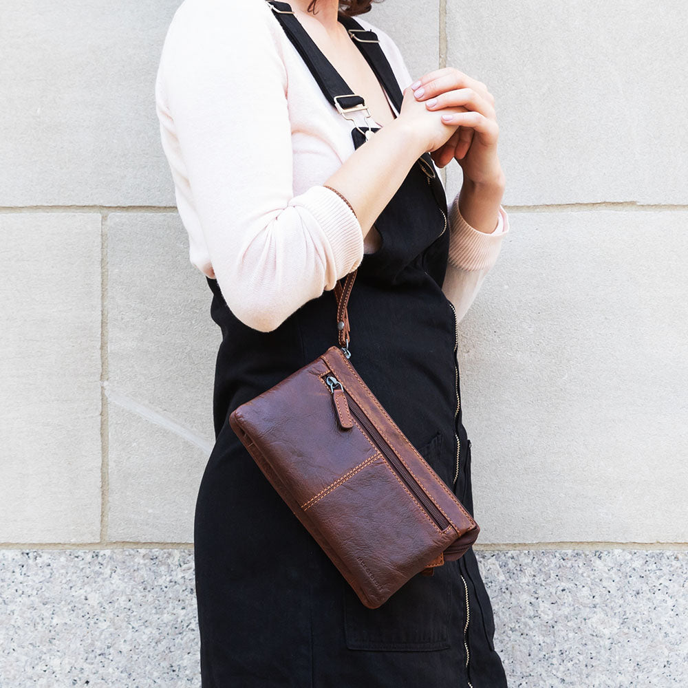 Voyager Zippered Wristlet Clutch #7723 Brown Lifestyle 2