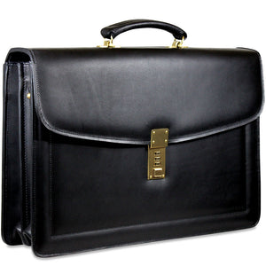Belting Leather Double Gusset Flapover Combination Lock Briefcase #9003 Black Front Face