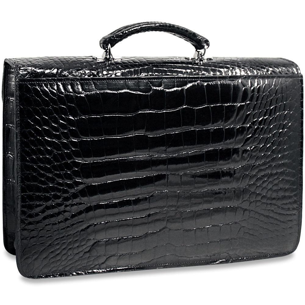 Jack Georges American Alligator Black Slim Flapover Briefcase #AL401 (Back Left Side)