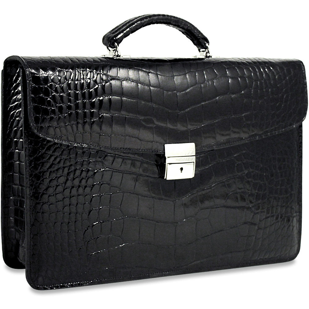 Jack Georges American Alligator Black Slim Flapover Briefcase #AL401 (Front Right Side)