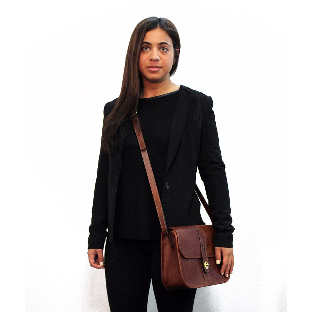 Belmont Collection Flapover Handbag #B2648 Cognac Model Front Side 2