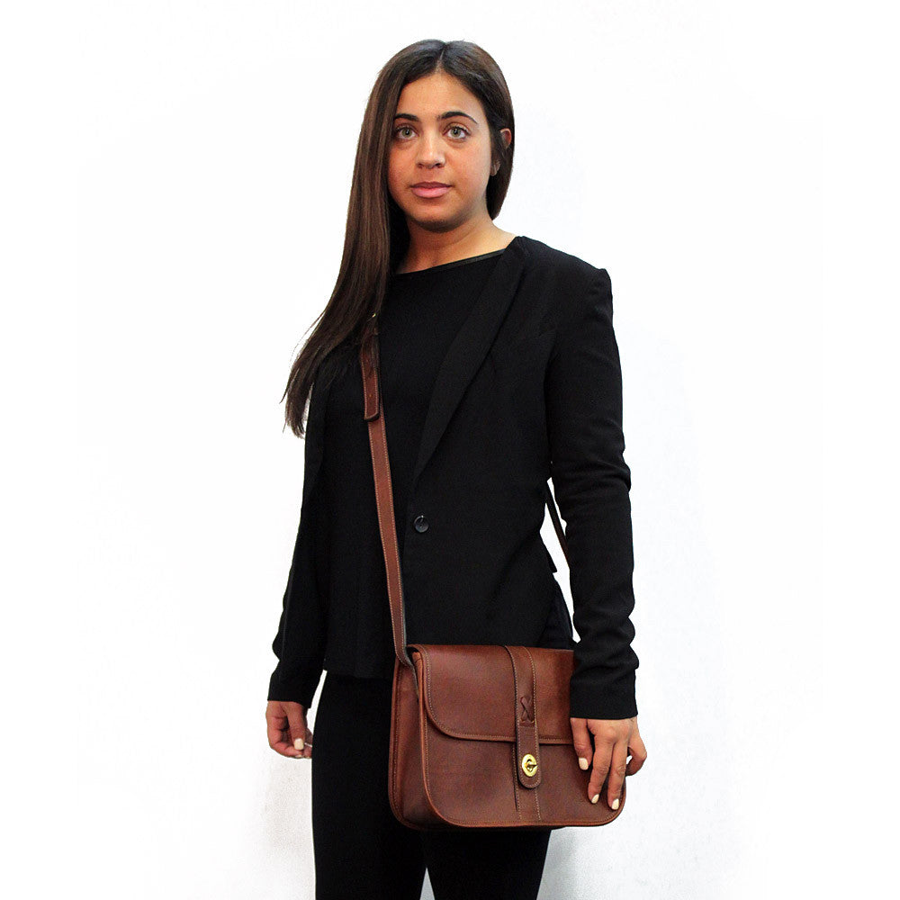 Belmont Collection Flapover Handbag #B2648 Cognac Model Front Side