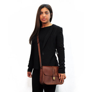 Belmont Collection Flapover Handbag #B2648 Cognac Model Front Side