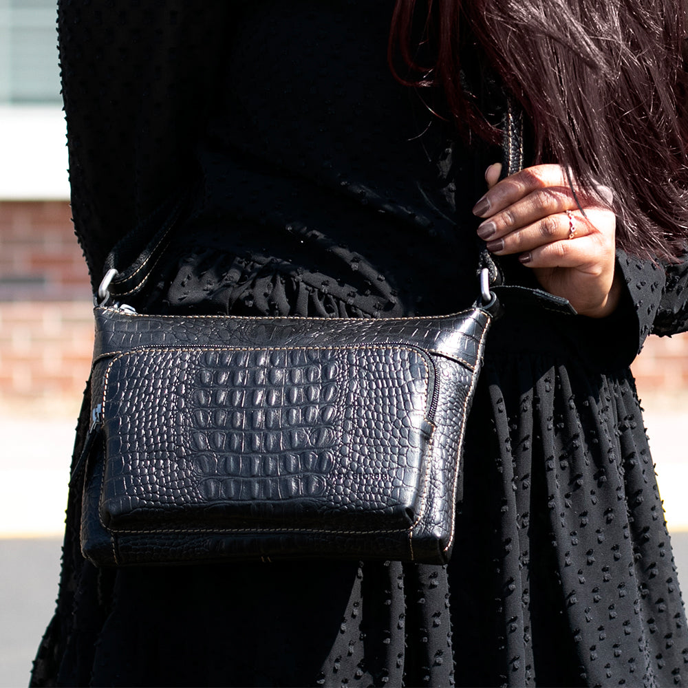 Hornback Croco Mini City Crossbody #HB810 Black Lifestyle