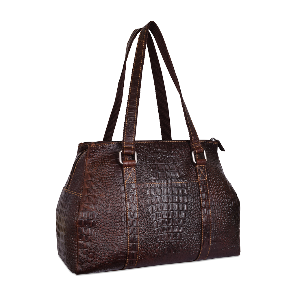 Hornback Croco Satchel Handbag #HB815 Brown Left Front