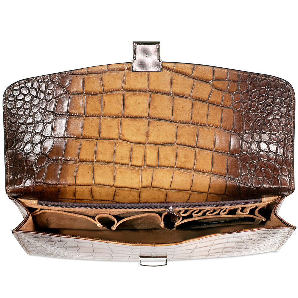 Hand Brushed Croco Leather Underarm Case #K001 Tan Right Interior