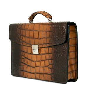 Hand Brushed Croco Slim Briefcase #K401 Tan Right Front