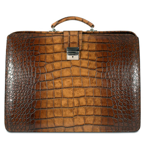 Hand Brushed Croco Classic Leather Briefbag #K505 Tan Front