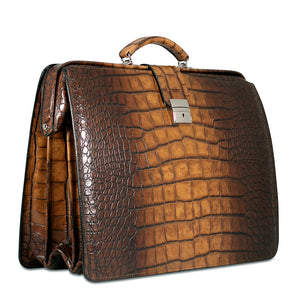 Hand Brushed Croco Classic Leather Briefbag #K505 Tan Right Front