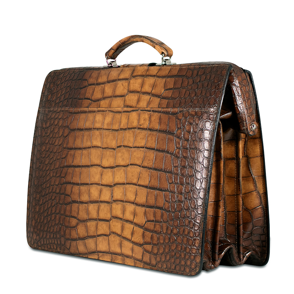 Hand Brushed Croco Classic Leather Briefbag #K505 Tan Right Back