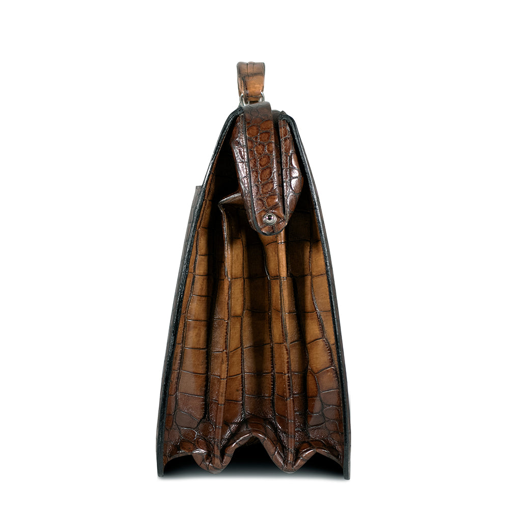 Hand Brushed Croco Classic Leather Briefbag #K505 Tan Left Side