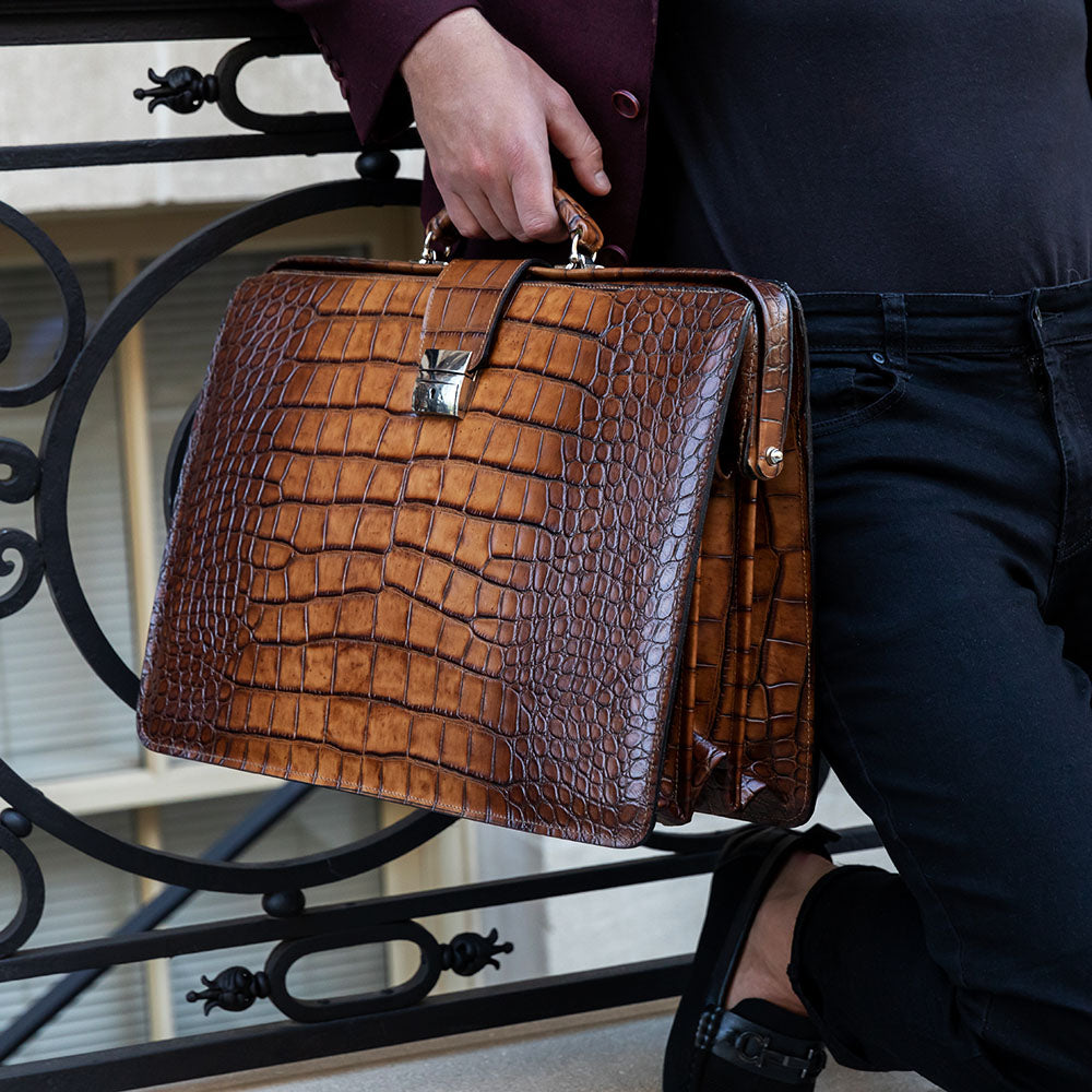 Hand Brushed Croco Classic Leather Briefbag #K505 Tan Lifestyle 2