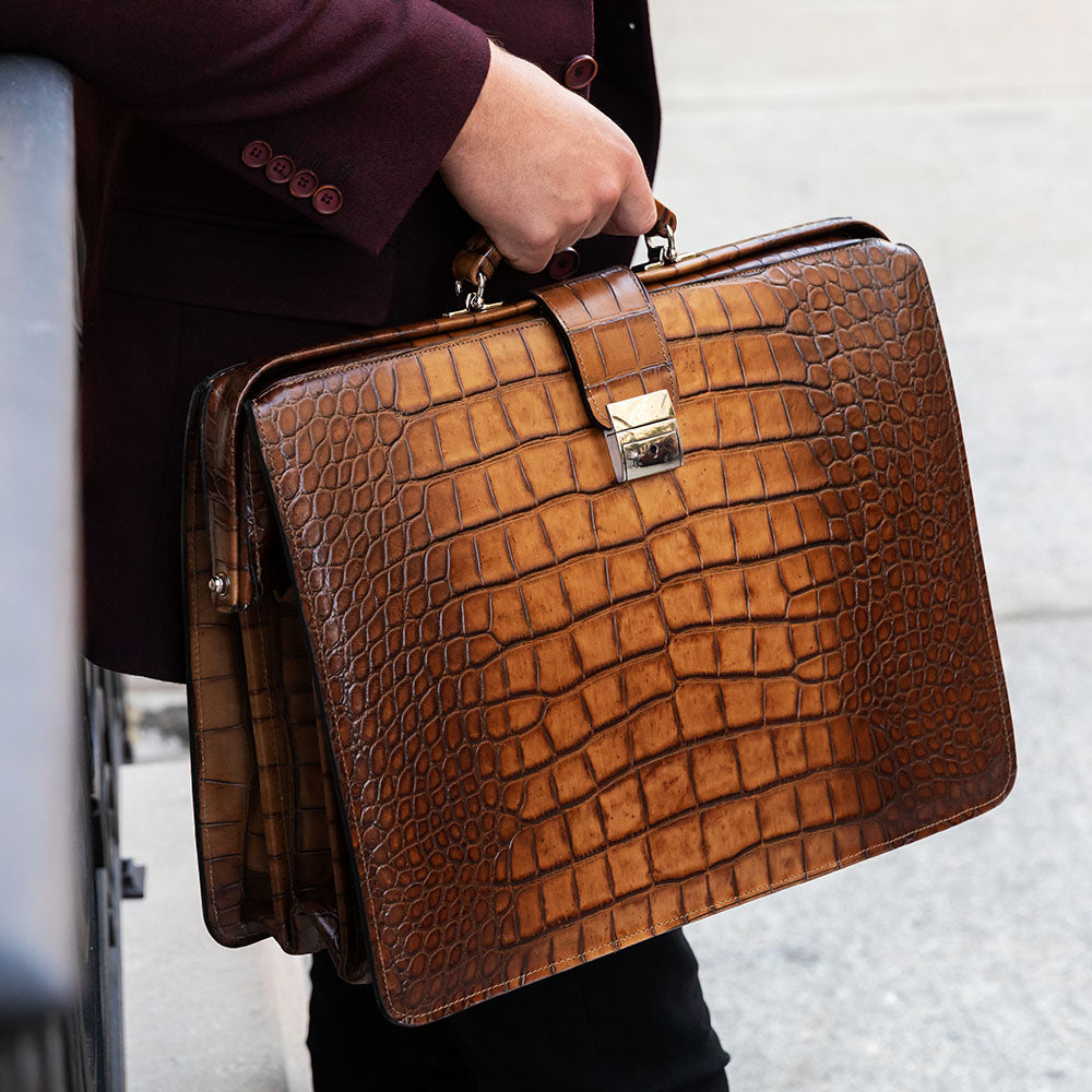 Hand Brushed Croco Classic Leather Briefbag #K505 Tan Lifestyle