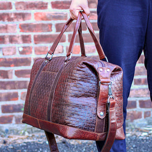 Voyager Woven Duffle Bag #WF319 Brown Lifestyle Blue Pants