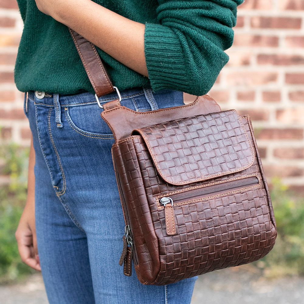 Voyager Woven Slim Crossbody Bag #WF831 Brown Lifestyle