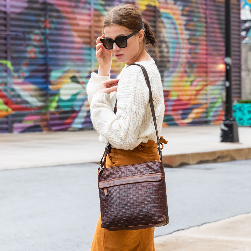 Voyager Woven Zippered Crossbody Hobo Bag #WF832 Brown Lifestyle