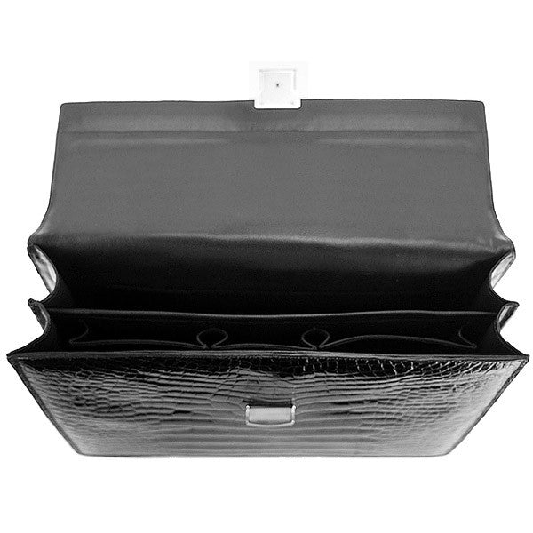 Jack Georges American Alligator Black Double Gusset Flap over #AL422 (Top Down Interior Open Empty)