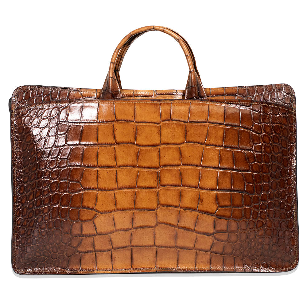 Hand Brushed Croco Double Gusset Top Zip Briefcase #K202 Tan Front