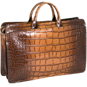 Hand Brushed Croco Double Gusset Top Zip Briefcase #K202 Tan Right Front